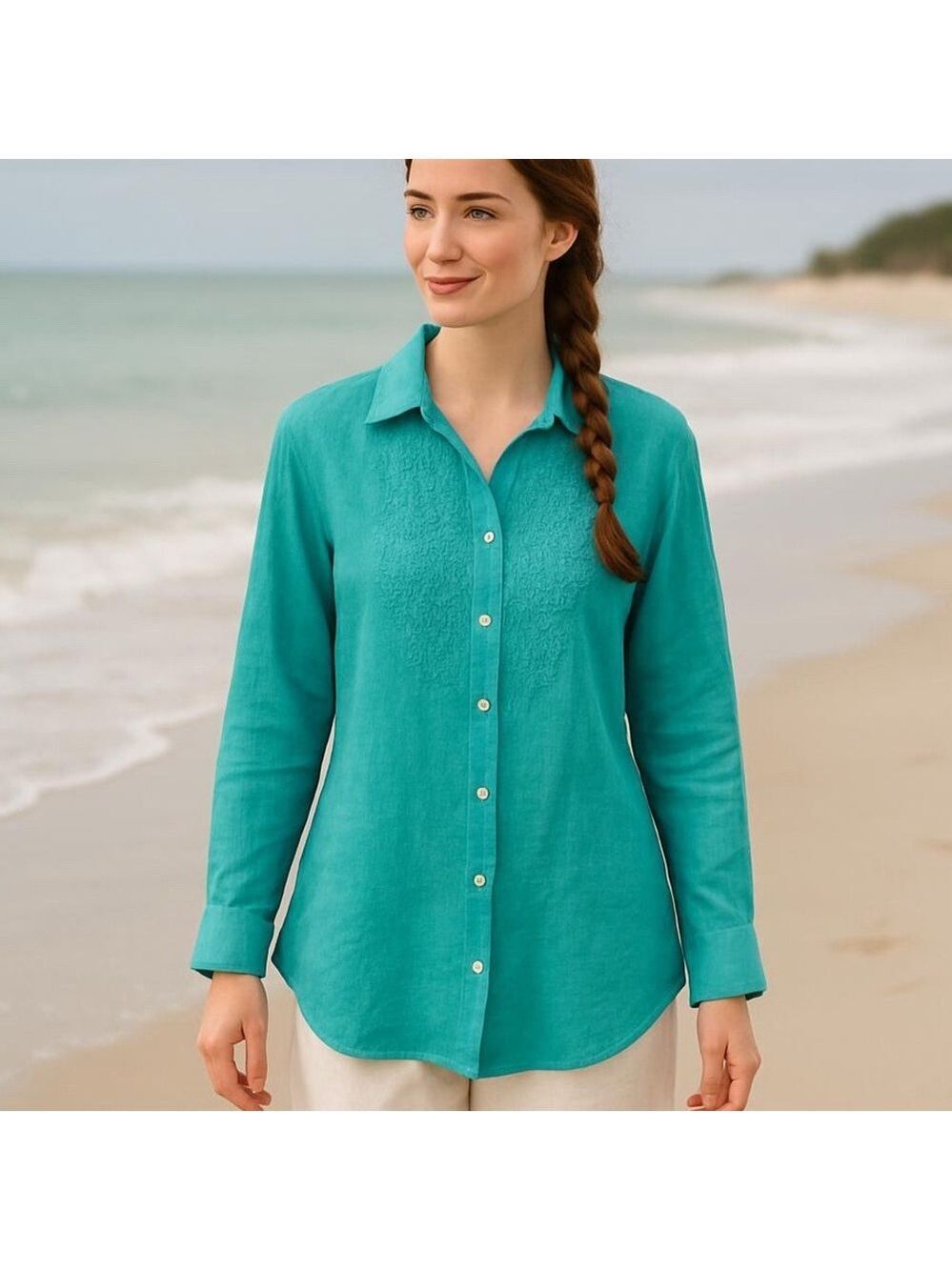 NWOT RICHARD MALCOLM LINEN BOHO AQUA BLUE BUTTON DOWN SHIRT W EMBROIDERED SZ L